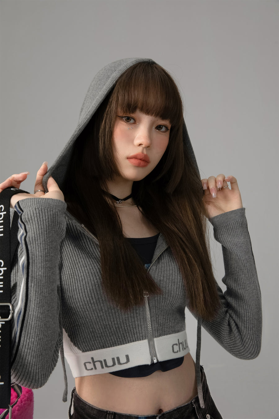 CHUU Knit Hooded Crop Zip-Up Cardigan