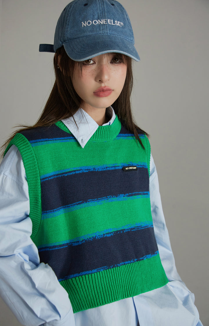 Striped Round-Neck Knit Vest