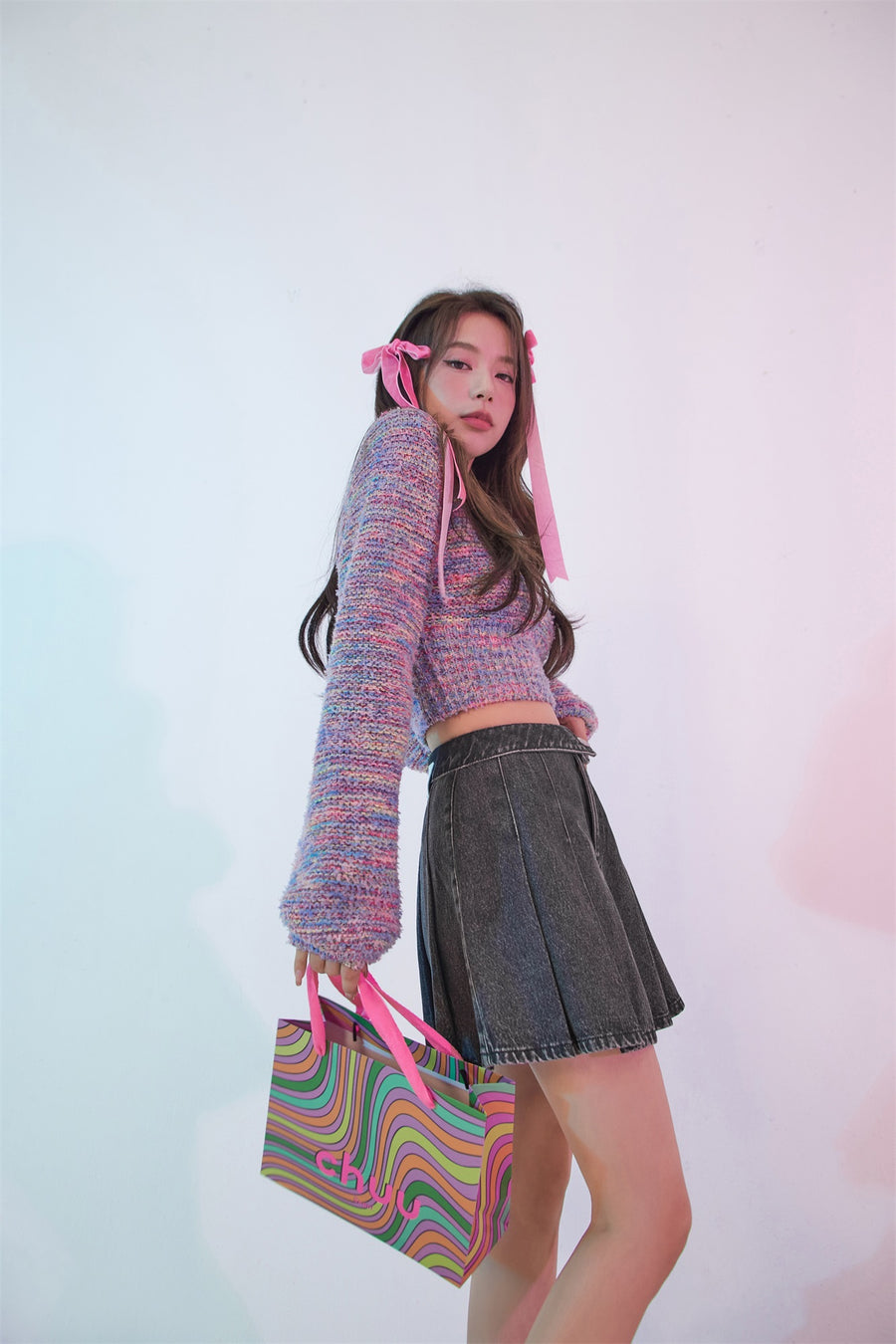 CHUU Rainbow V-Neck Long Sleeve Crop Knit Sweater