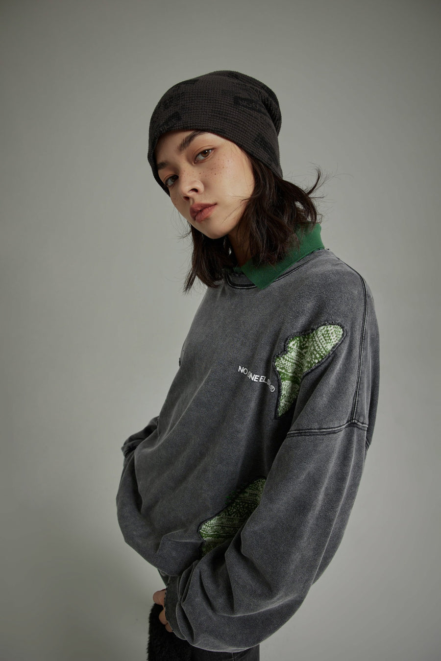 CHUU Ethnic Print Washed Patchwork Sweatshirt