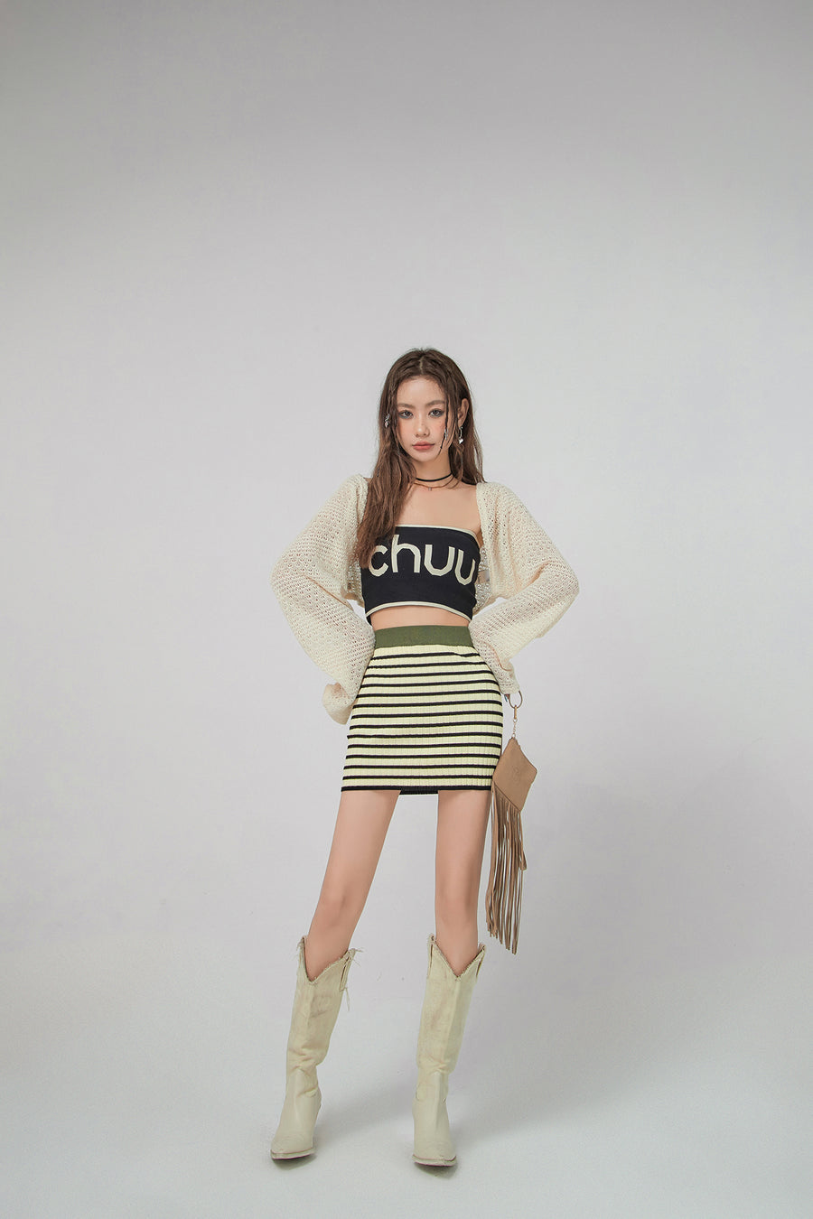 CHUU Striped Stretchy Knit Mini Skirt