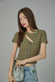 Cutout Front Hooks Short-Sleeved Top