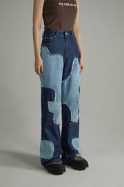 Cow Partchwork Wide Straight Jeans