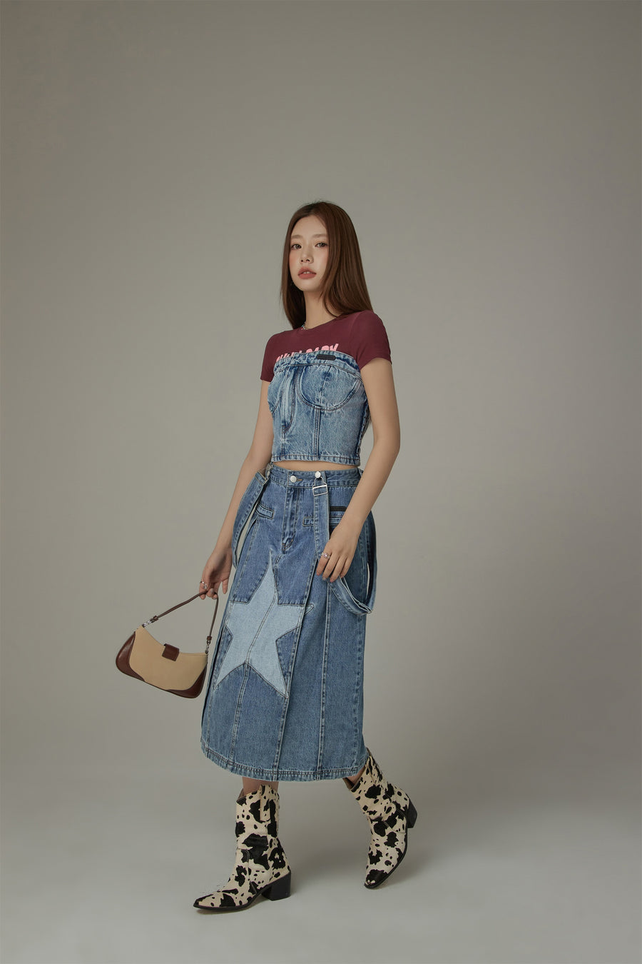 CHUU Star Denim Overall Skirt