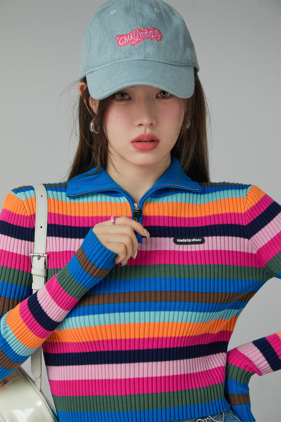 CHUU A Dose Of Happiness Rainbow Stripe Knit Top