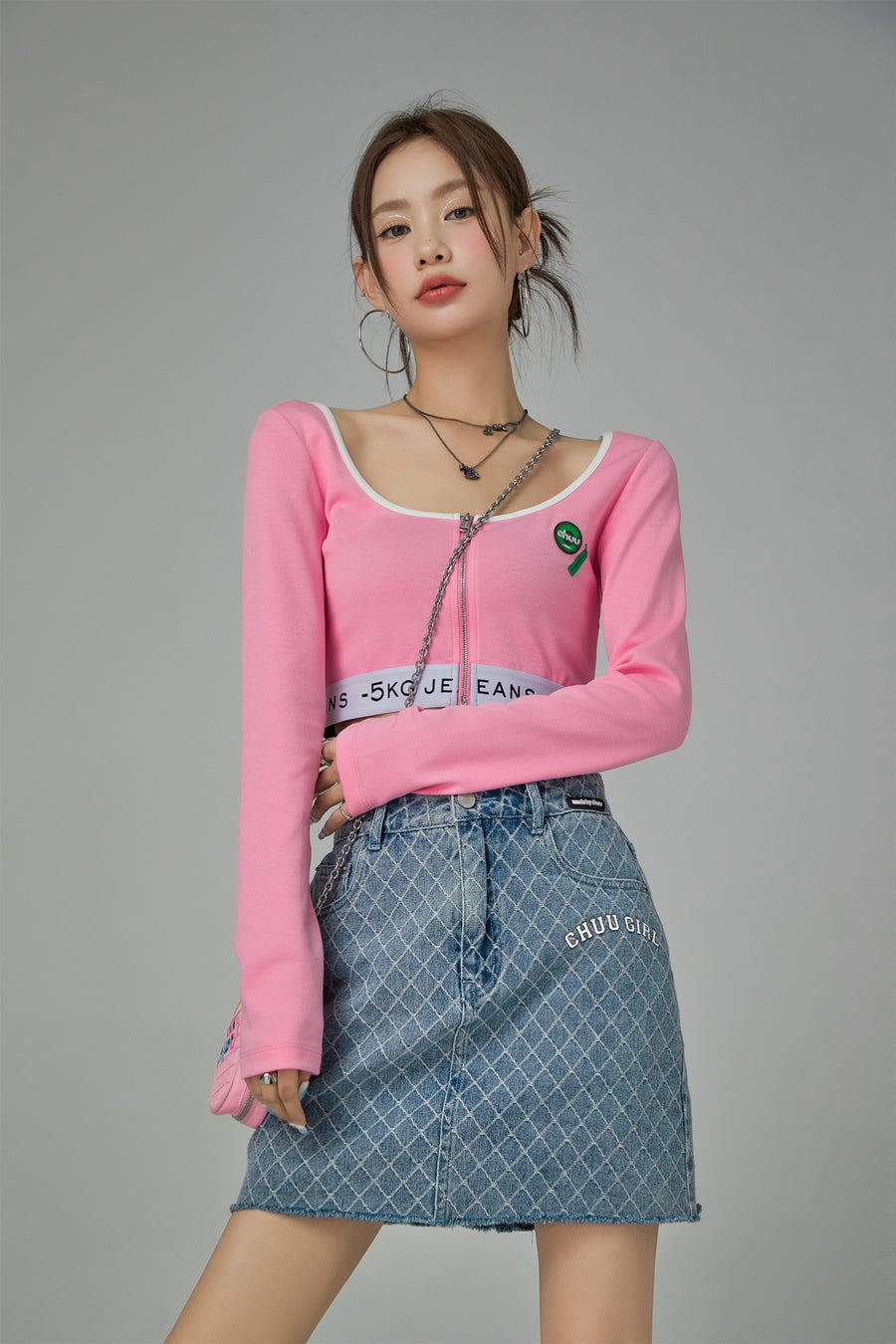 CHUU '-5Kg Jeans Zip-Up Crop Top