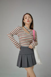 Colorful Stripes Chest Cutout Long-Sleeves Top