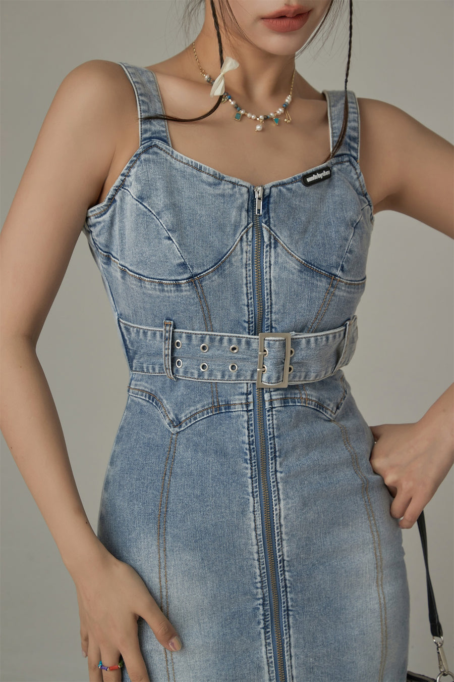 CHUU Denim Bustier Belt Mini Dress