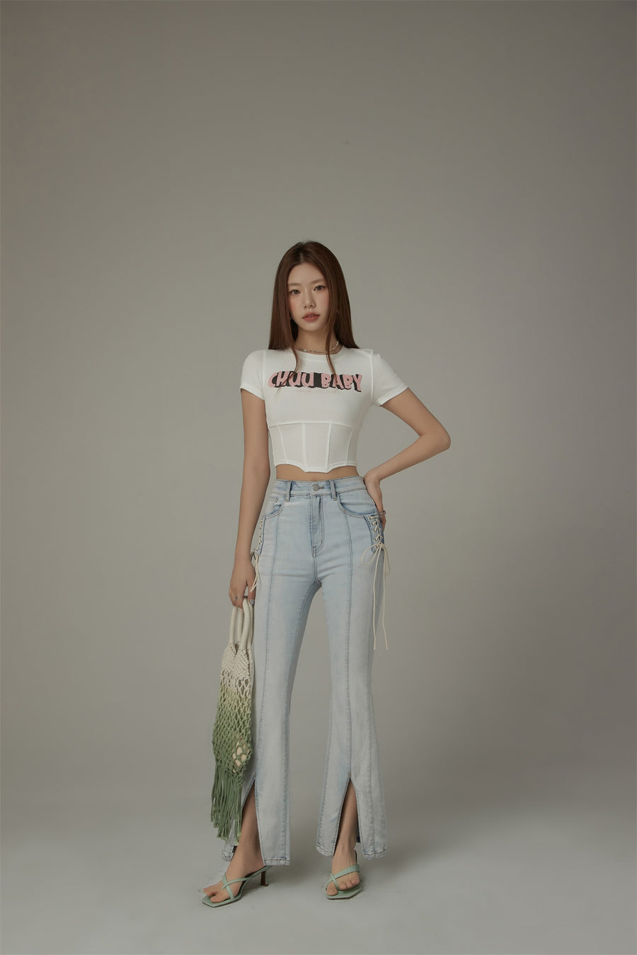 CHUU Lace Up Pocket Slit Bootcut Light Wash Denim Jeans