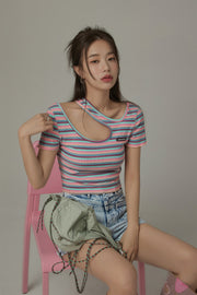 Color Stripe Cut Out T-Shirt