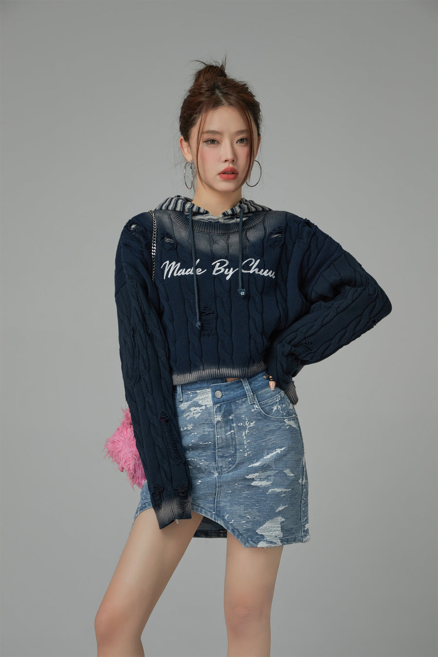 CHUU Washed Denim Unbalanced Mini Skirt