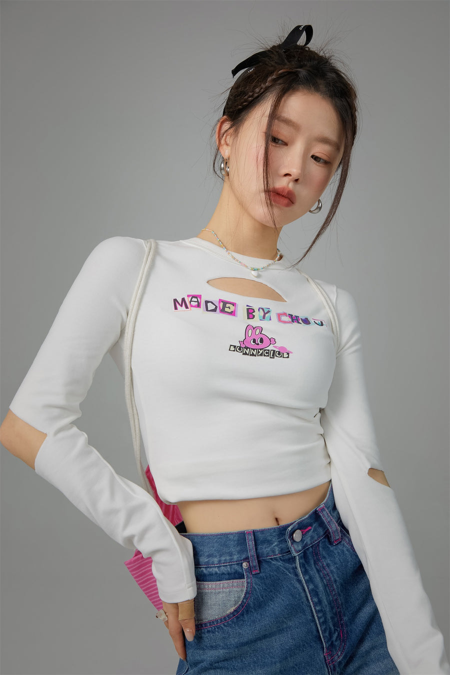 CHUU Bunny Club Elbow Chest Cutout Long-Sleeves Top