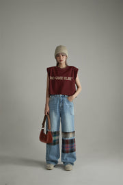 Tartan Patchwork Wide Straight Jeans