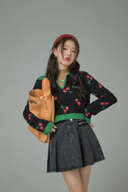 Cherry Polo Collar Colored Crop Knit Sweater