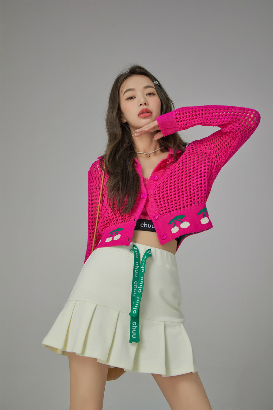 CHUU Hot Pink Cherry Crochet Crop Cardigan