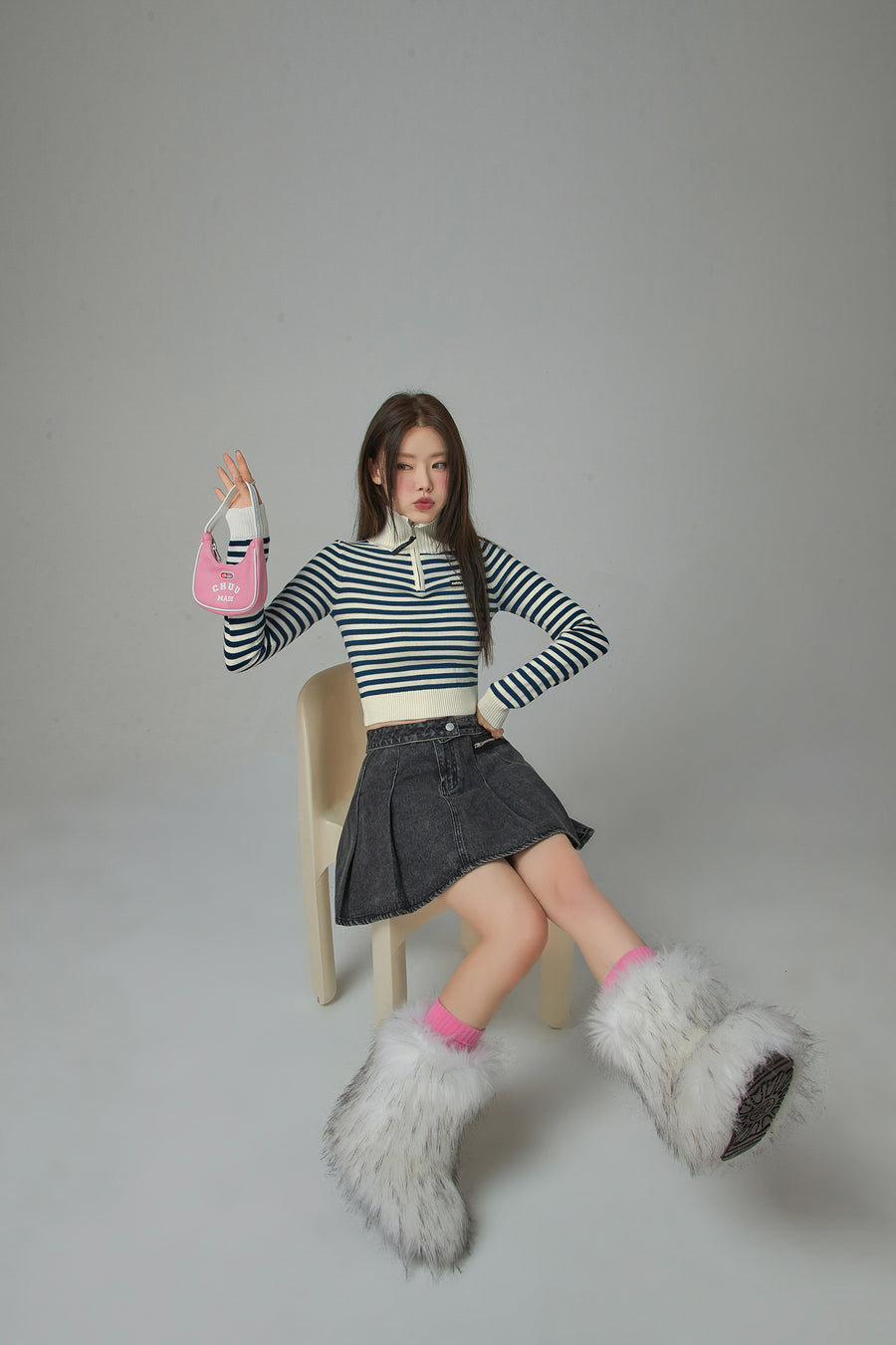 CHUU I Own A Yacht Polo Neck Stripe Cropped Knit Top