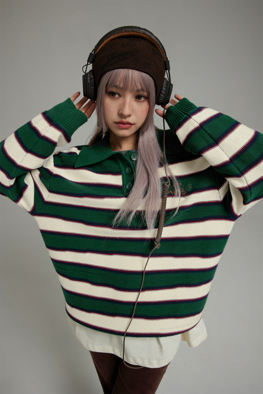 CHUU Polo Neck Stripe Knit Top