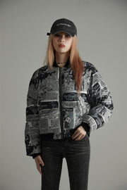 Newspaper Collage Padded Crop Jacket