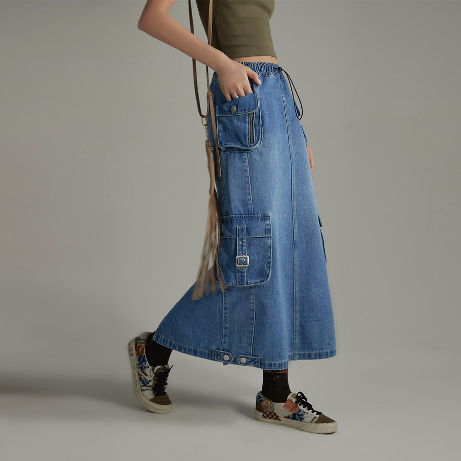 CHUU Denim Or Brown Cotton Cargo Skirt