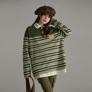 Polo Neck Loose Stripe T-Shirt