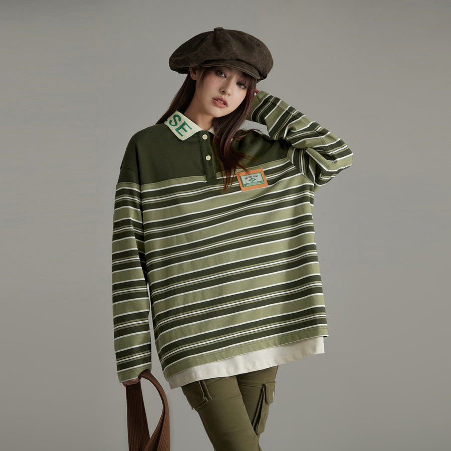 CHUU Polo Neck Loose Stripe T-Shirt