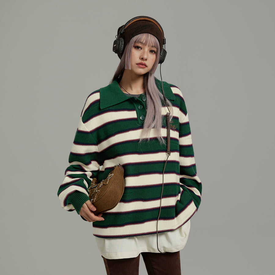 CHUU Polo Neck Stripe Knit Top