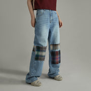 Tartan Patchwork Wide Straight Jeans