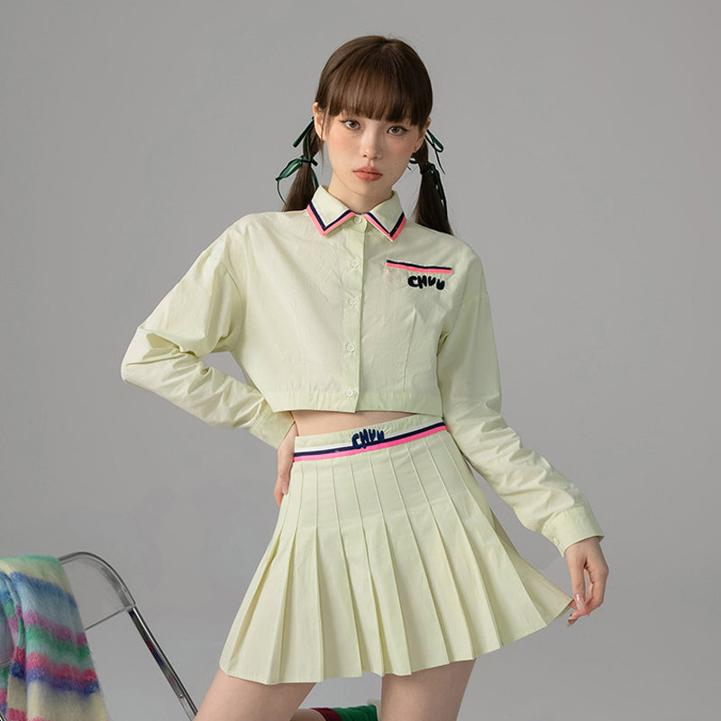 CHUU Embroidered Stripe Collar Crop Shirt