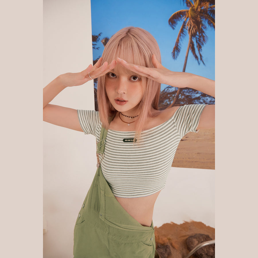 CHUU Striped Off-Shoulder Crop Top