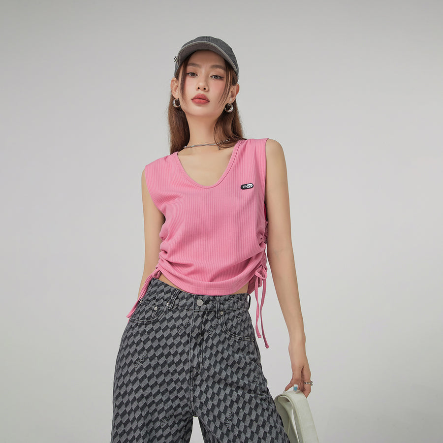 CHUU V-Neck Side Shirring Sleeveless Top