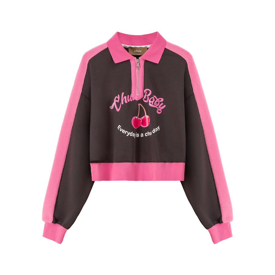 CHUU Your Favorite Girl Cherry Fleece Loose Sweatshirt