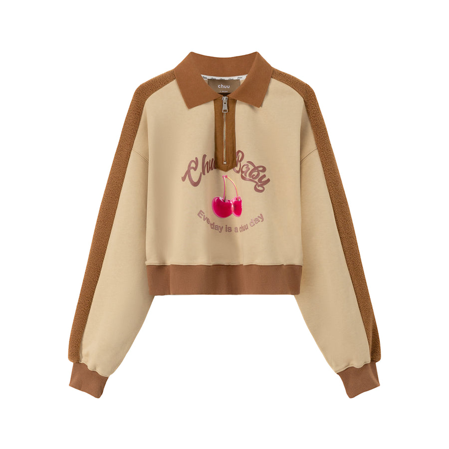 CHUU Your Favorite Girl Cherry Fleece Loose Sweatshirt