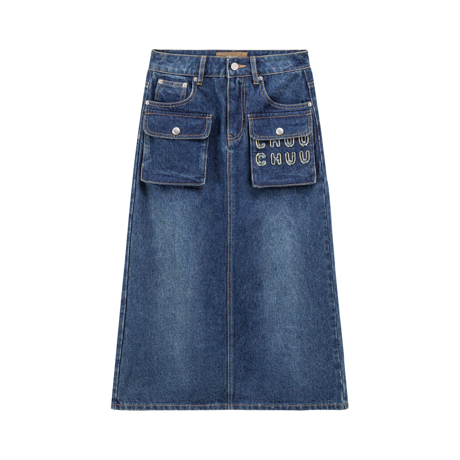 CHUU Cargo Pocket Denim Maxi Skirt