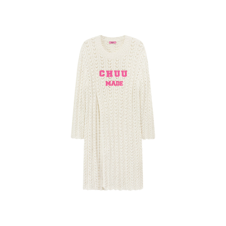 CHUU Crochet Side Slit Knit Long Sweater Dress