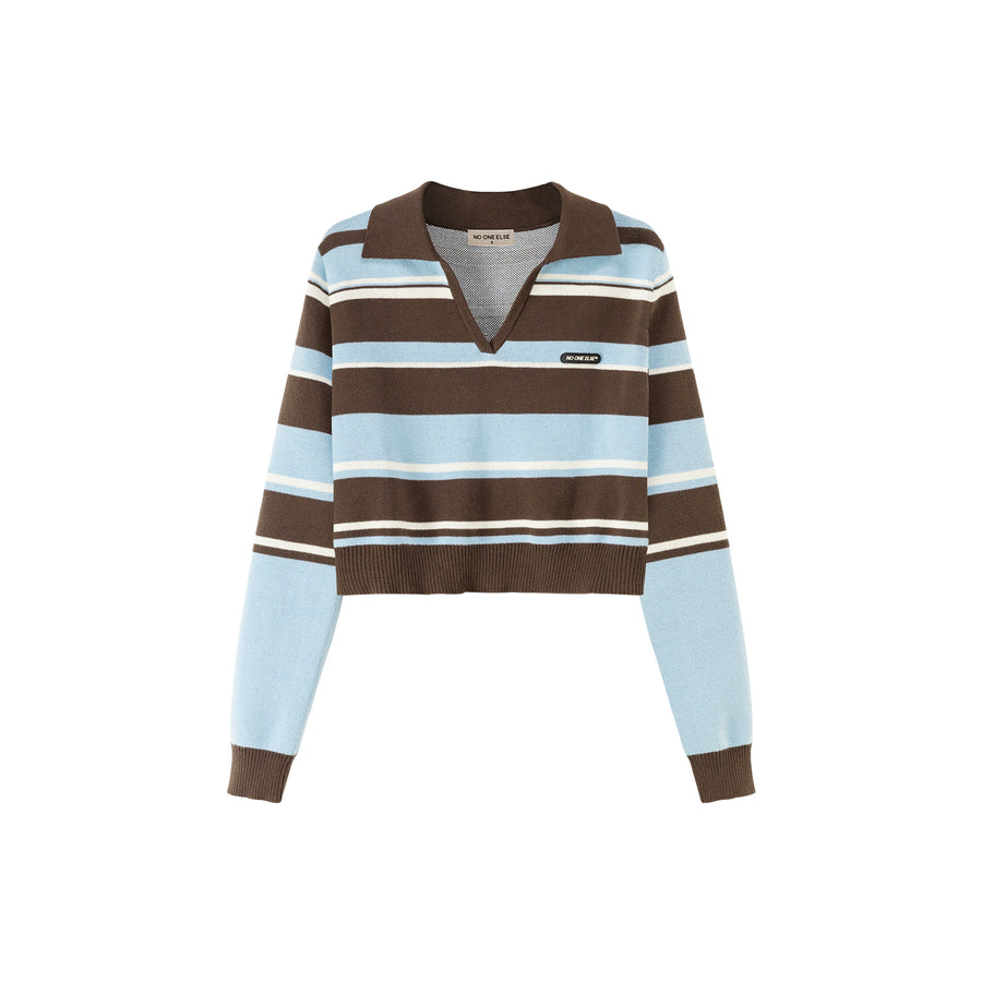 CHUU Open Collar Stripe Color Knit Sweater