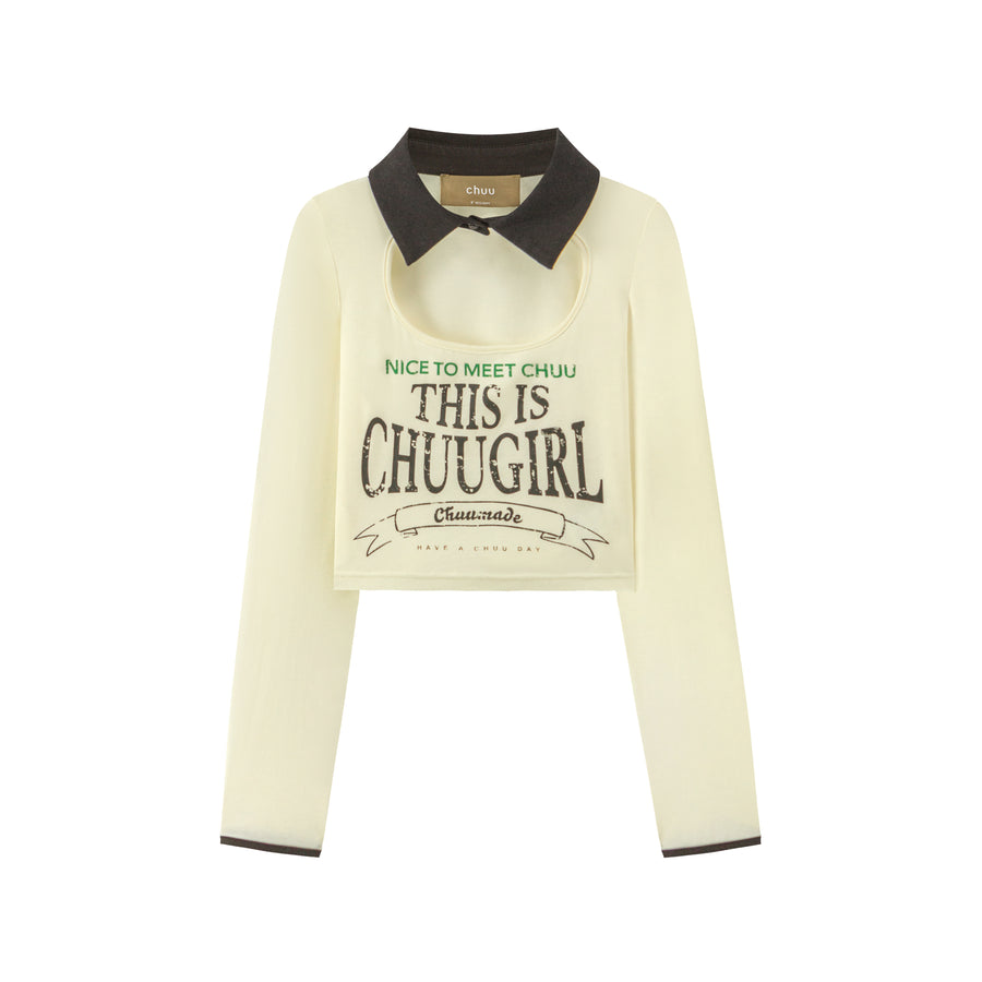 CHUU Chuu Girl Cut Out Collar Crop Top