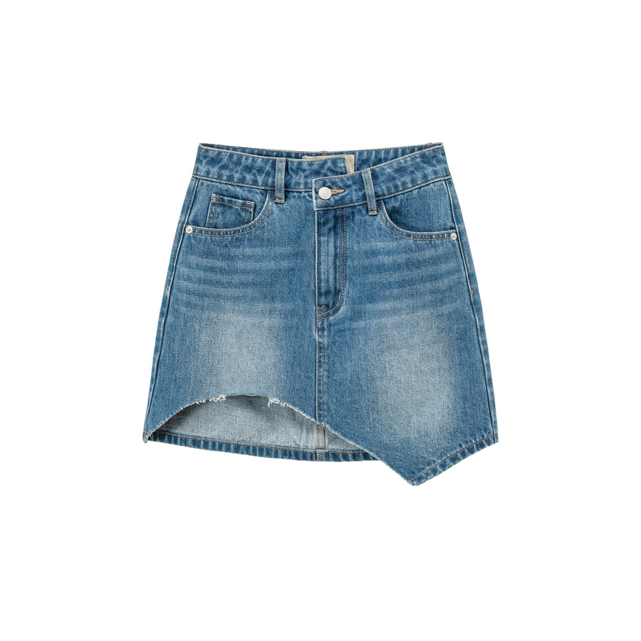 CHUU Unbalanced Denim Mini Skirt