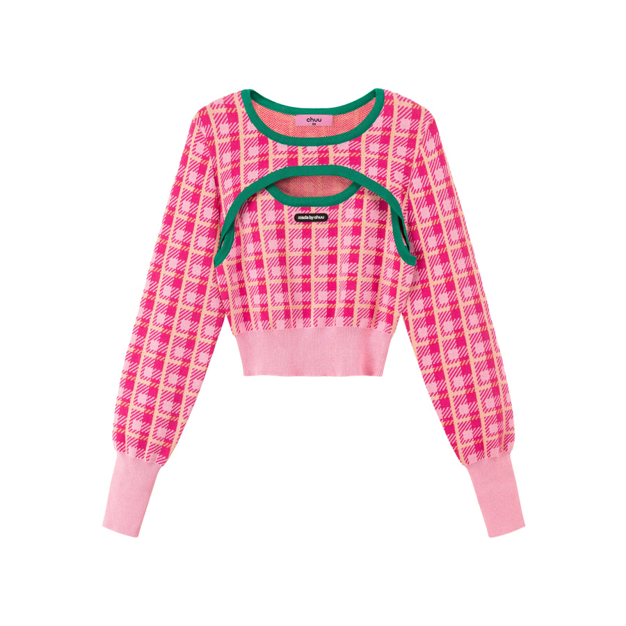 CHUU 2-Layers Chest Cutout Check Knit Sweater