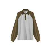 Raglan Buttoned Collar Long-Sleeved Top