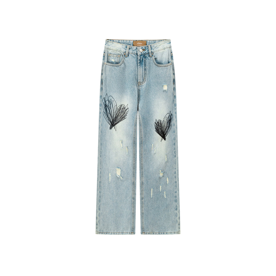 CHUU Queen Of Hearts Embroidered Distressed Denim Jeans