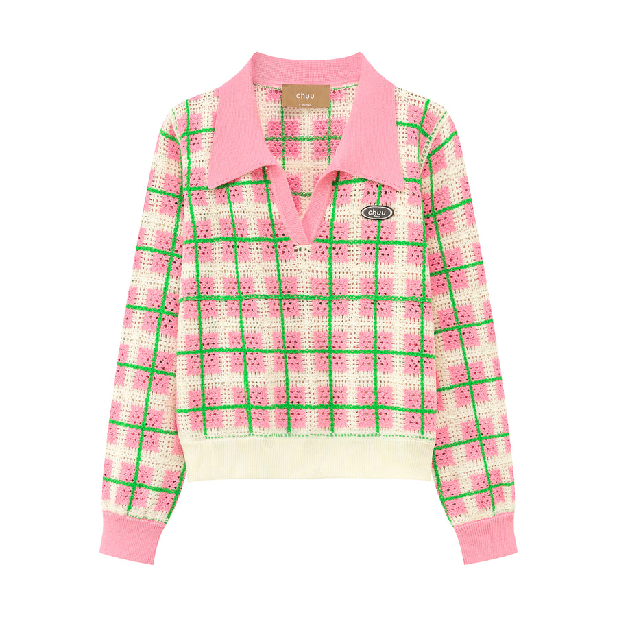 CHUU Lovely Check Crochet Polo Sweater