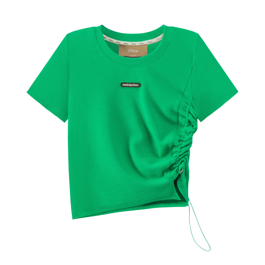 CHUU Shirring Unbalanced Crop T-Shirt