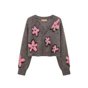 Dramatic Flowers Crop V-Neck Knit Sweater