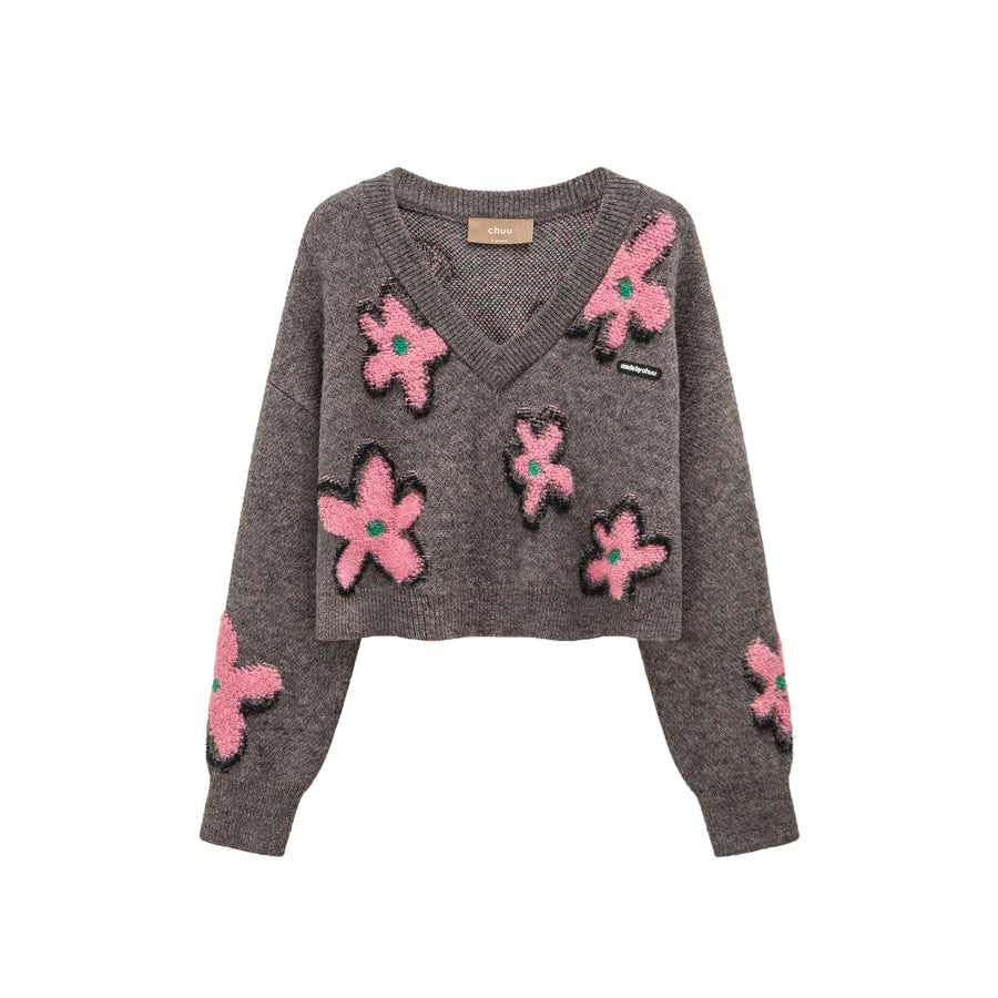 CHUU Dramatic Flowers Crop V-Neck Knit Sweater