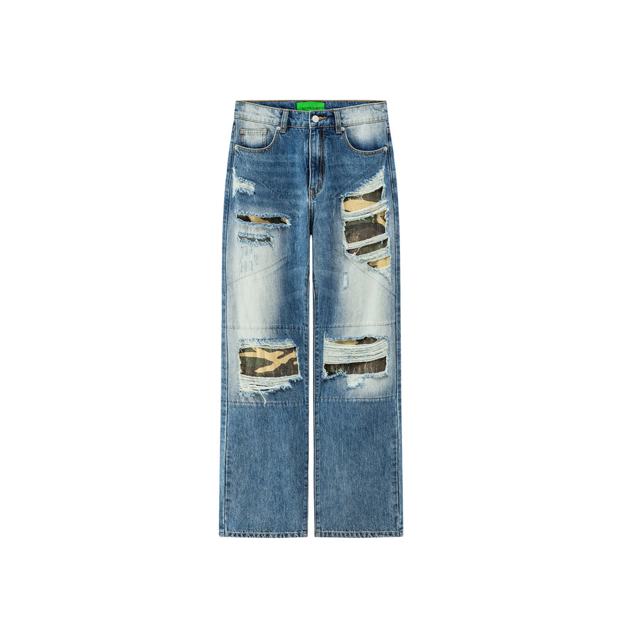 CHUU Distressed Washed Camouflage Straight Jeans