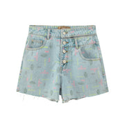 Front Buttons Cutout Denim Shorts