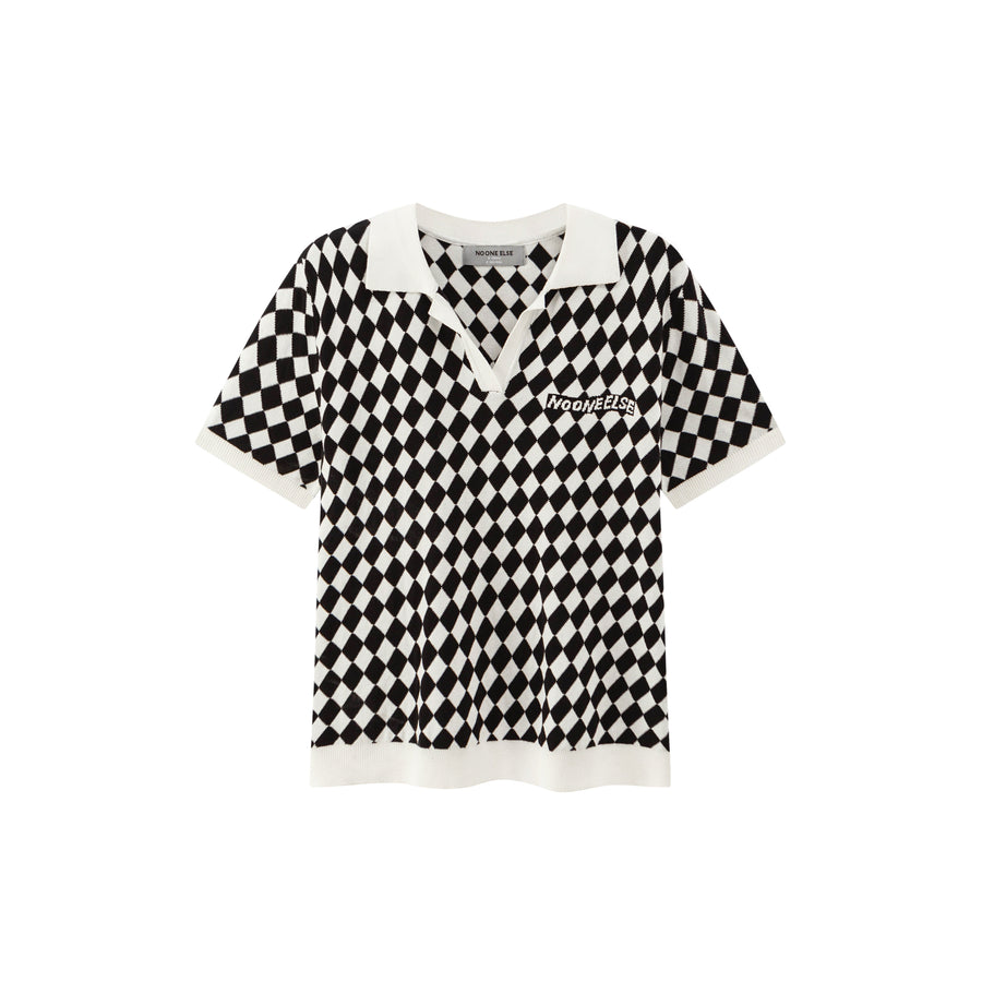 CHUU Diamond Check Ribbed Polo Top