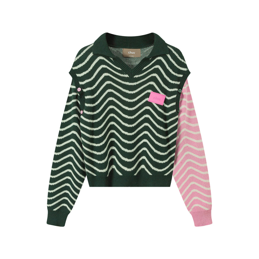 CHUU Zig-Zag Stripes Cutout Shoulders Knit Sweater