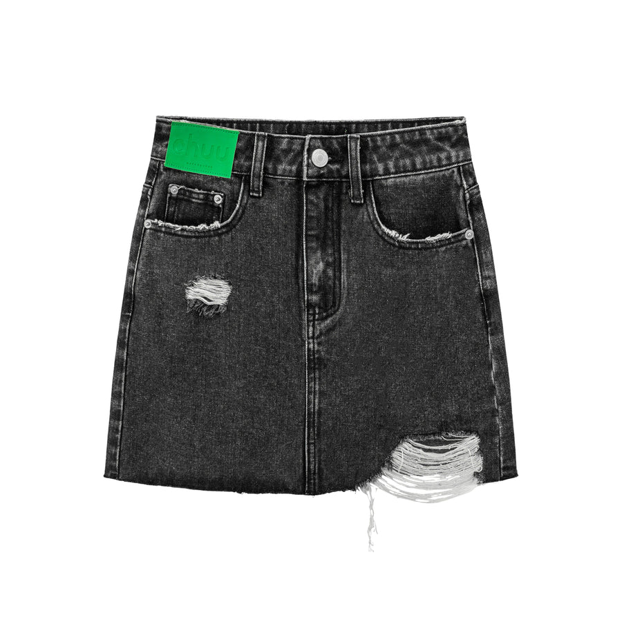 CHUU Damaged Black Denim Mini Skirt