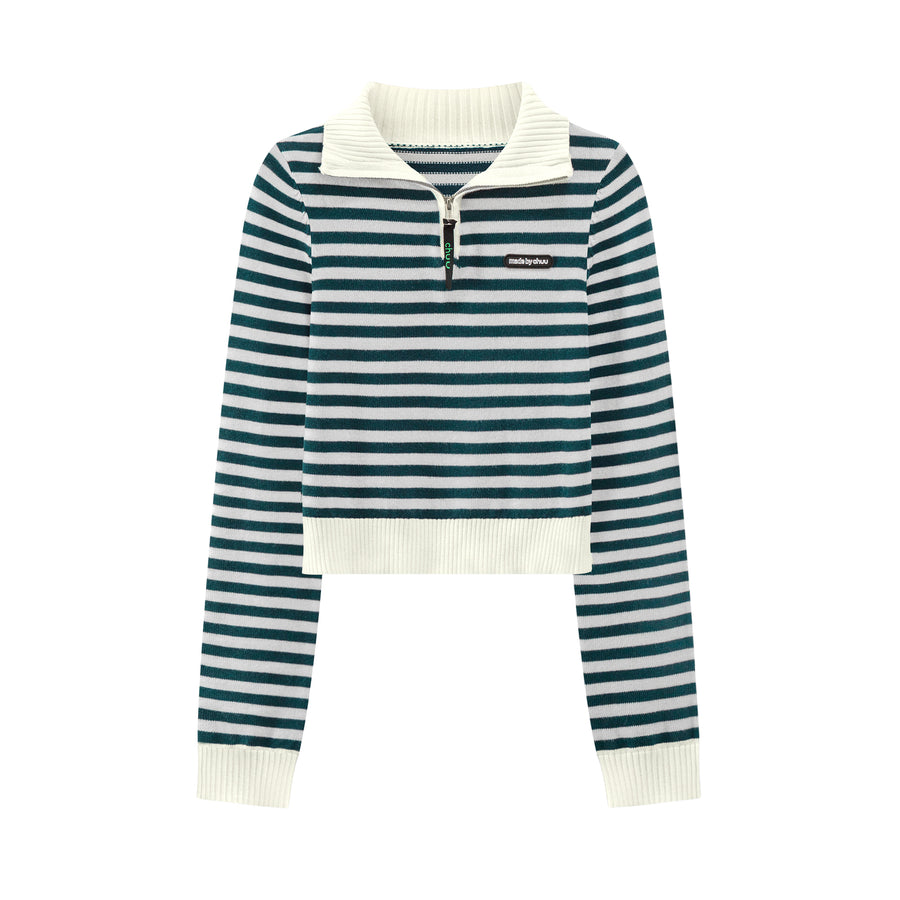 CHUU I Own A Yacht Polo Neck Stripe Cropped Knit Top